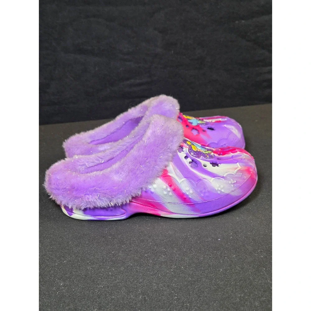 Disney Fairies Tinker Bell Girls Purple Pink Marble Faux Fur Lined Clogs Size 10